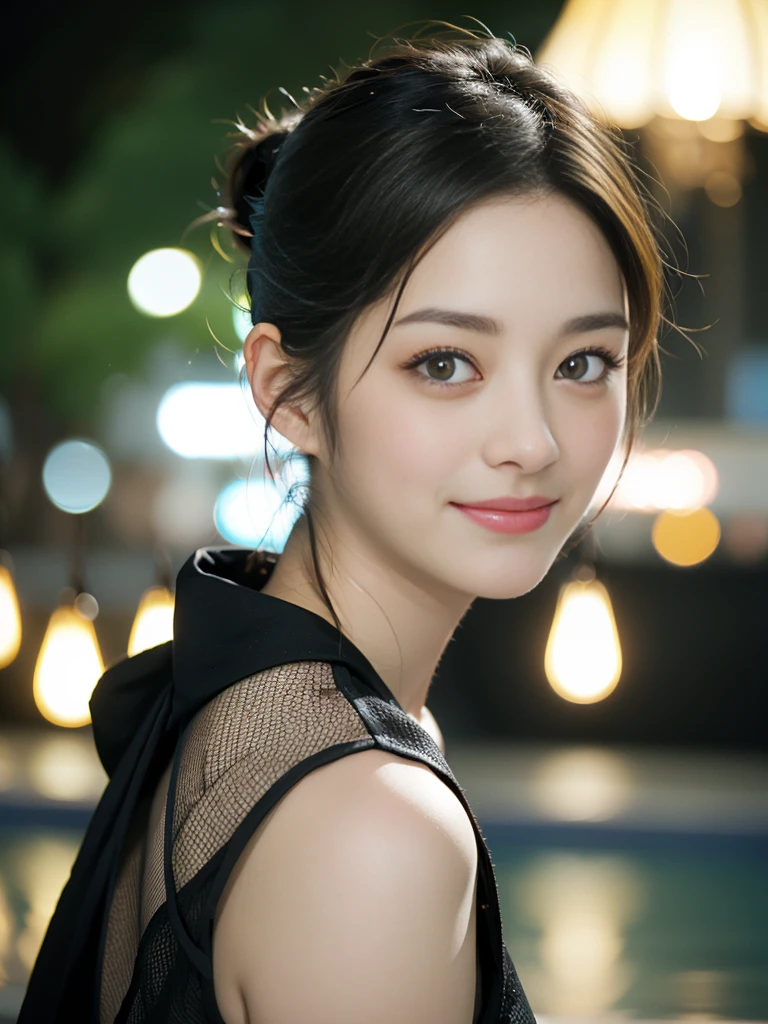 a Close-up portrait of gorgeous smiling cute Japanese woman in a glamorous Fishnet dress outfit, delicate facial features, porcelain-skinned, ponytail, a fusion of young Marion Cotillard's striking eyes and young Anne Hathaway's introspective gaze, long and slender cute face, curved eyebrows, droopy hooded eyes, lower nasal bridge, slim wavy nose, smiling, thin lips, short pixie cut hair, silhouette, bokeh, skylight atrium pool background,  depth of field, photo, film,