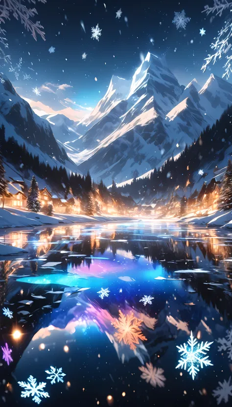 a dark canvas, transparent glittering snowflakes falling, [transparent holographic reflections], an absurd landscape created by ...