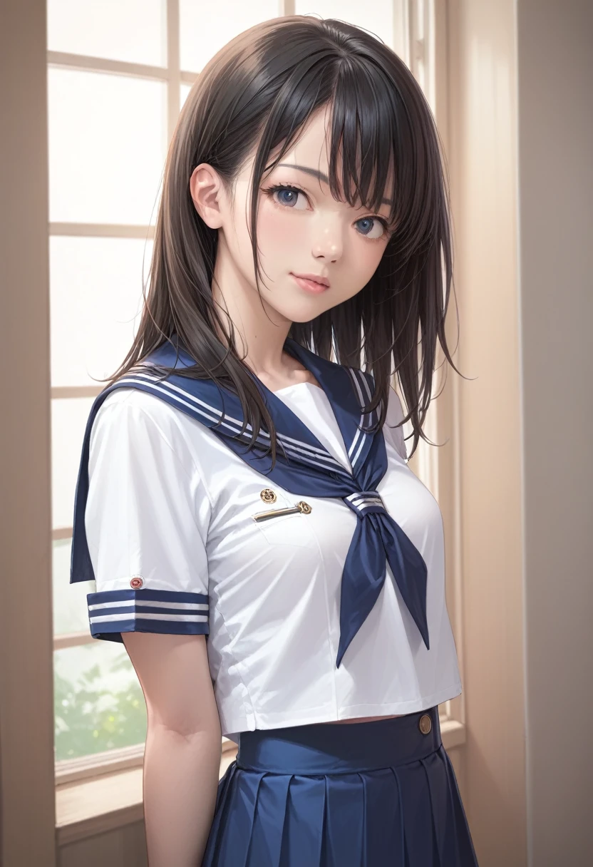 (score_8, score_8_up,source_anime,masterpiece,highest quality,Perfect Anatomy,Exquisite detailed:1.1)(photo realistic:1.2)raw photo,1 girl,Japanese,small breasts,black hair,straight hair,sailor suit,dark blue sailor collar,white shirts,short sleeve,dark blue skirt