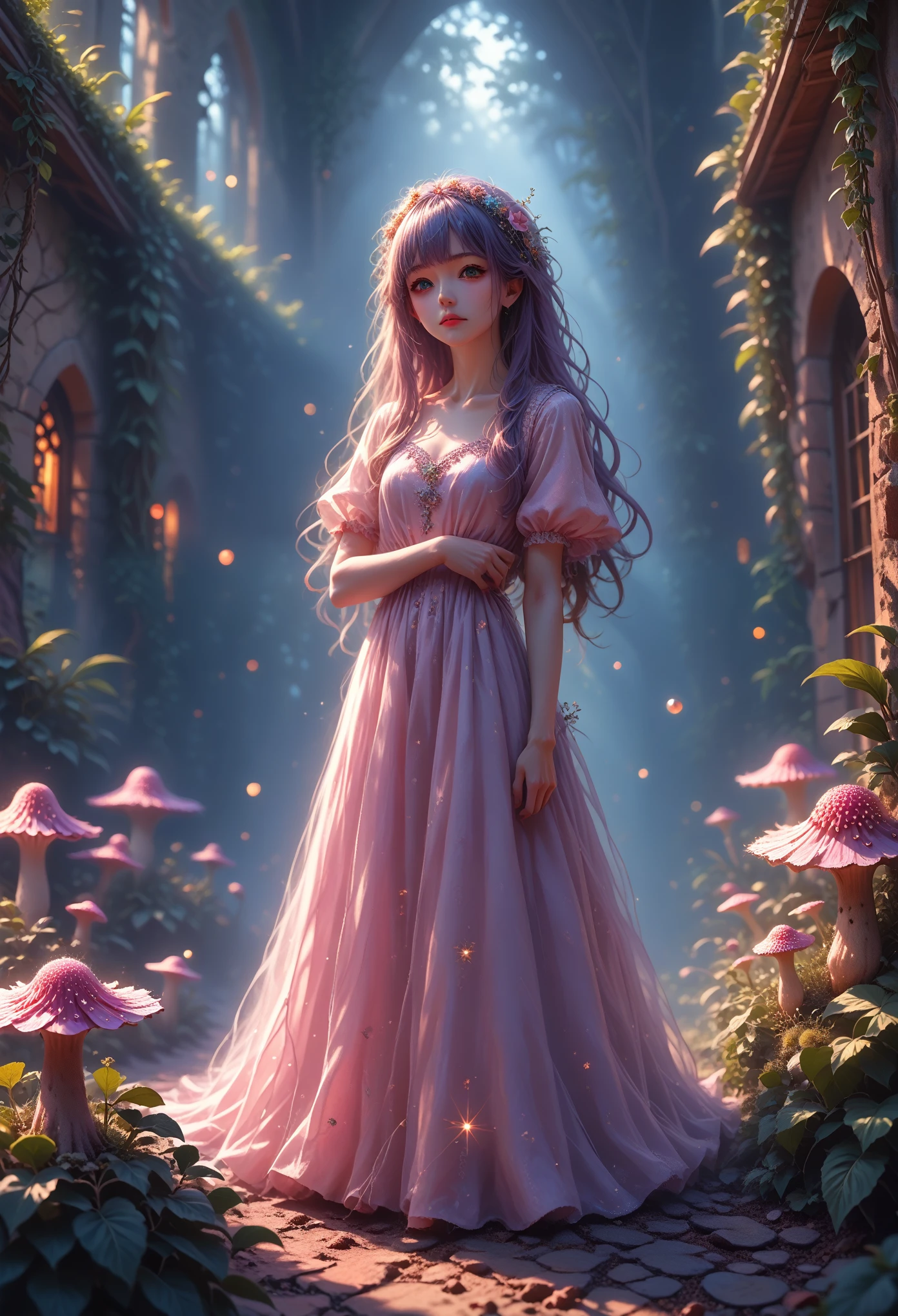 pfstyle,Anime Girl Looks at Viewer, sexy, fitting dress, sparkles, long hair, beautiful, Stands Pressed Against the Wall Near the House, Moss and mushrooms grow nearby, small flower beds, Vines around the house, masterpiece, clear detail, Full Picture Captivating Attention,cinematic film still,score_9,score_8_up,score_7_up,dramatic lighting,highly detailed,high budget,bokeh,cinemascope,moody,epic,gorgeous,film grain,grainy,masterpiece,best quality,perfect anatomy,very aesthetic,official art,8k,