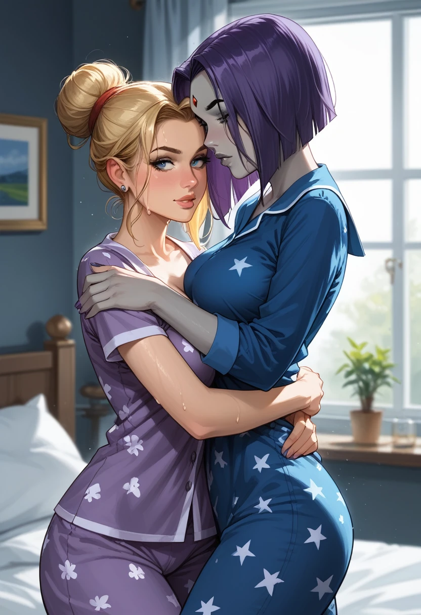 score_9, score_8_up, score_7_up, score_6_up, source_cartoon, adult women, (2women), duo, BREAK adult, (Raven, grey skin:1.5), BREAK adult, (Terra_Markov from Teen Titans, blonde:1.4), BREAK (bedroom, sweaty, embracing, sexy tight pajamas:1.3), BREAK shallow depth of field, highly detailed, bokeh, moody, epic, gorgeous, grainy, BREAK (ultra-detailed), (best illustration), (best shadow), (absurdres), BREAK (detailed background), (very aesthetic).