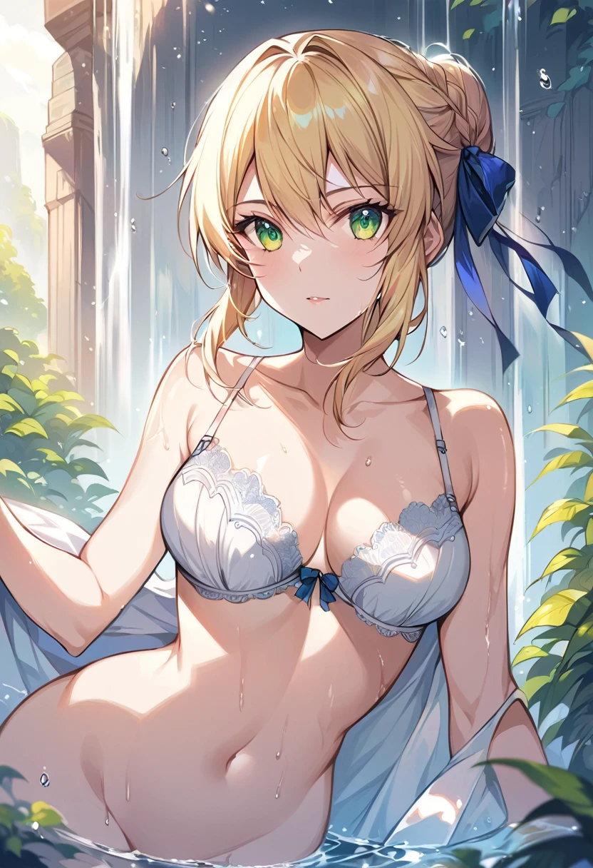 score_9, score_8_up, score_7_up, score_6_up, rating_safe, source_anime, BREAK Stylistic image of Artoria Pendragon (blonde, braid, ribbon, hair ribbon:1.2), BREAK submerged, white lace bra:1.3), BREAK bathing under waterfall, navel, Extremely detailed Artgerm, Artgerm on ArtStation Pixiv, BREAK Epic light novel art cover, gorgeous female paladin, trending on artstation pixiv, BREAK sunny, daytime, shallow depth of field, BREAK highly detailed, bokeh, moody, epic, gorgeous, grainy, BREAK (ultra-detailed), (best illustration), (best shadow), (absurdres), (detailed background), (very aesthetic), cowboy shot.