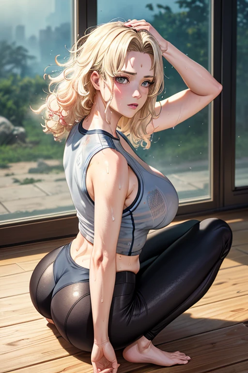 masterpiece, Highest quality,  (Unreal Engine), reality, Super Resolution,  Very detailed, Complex, colorful, Clear images, Sharp focus, Digital Blending, 

One Woman, Senju Tsunade, Tsunade, Mark on forehead, Big Breasts, Saggy breasts, Butt, Perfect Eyes, Perfect Face, Ultra detailed hair, Ultra detailed face, Very detailed lips, Vivid expression, Healthy Body, Beautifully detailed sweat glands, Smooth skin texture, Carefully drawn,

((humidity:1.8), Sticky with lots of sweat), (Wear a tight yoga suit, Bold Yoga Poses ,Hot yoga makes yoga suits transparent with sweat),  

indoor, hot yoga studio, (Shot on Sony α9, Dynamic Angle), Browsing Caution, 