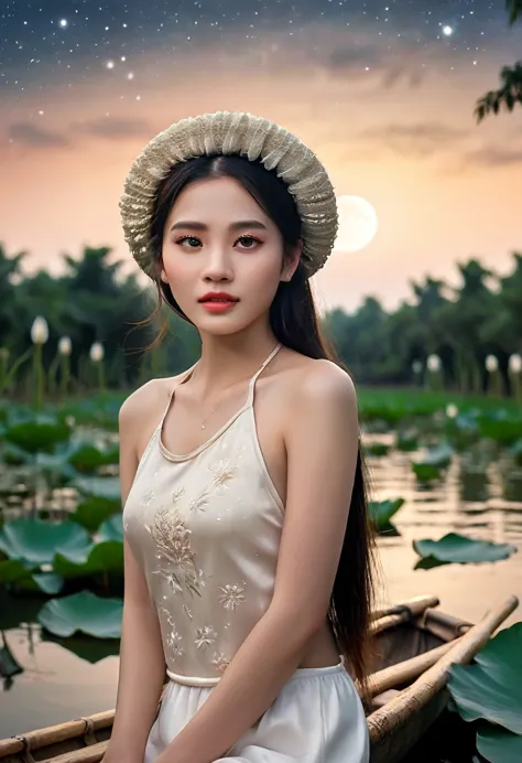 wide angle camera shot full body, ((night sky: 1.2)), fashion fairytale shot, high camera angle of beautiful vietnamese girl inv...