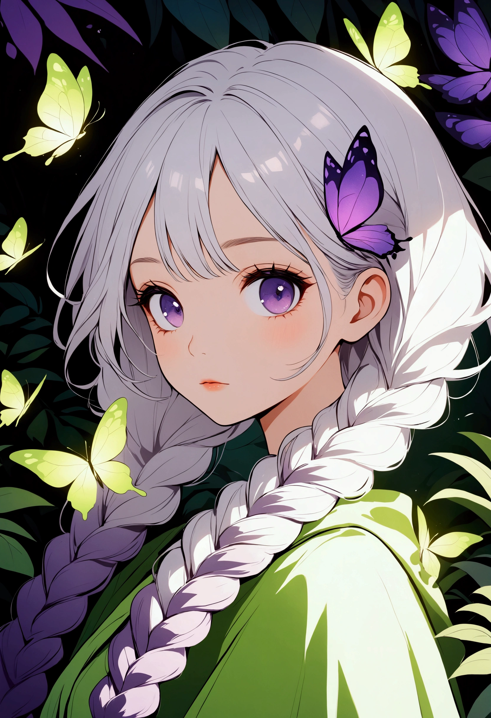 Vector illustration，Beautiful witch with two purple braids，Lovely：1.37，Purple Eyes，White hair-purple-long braids。jungle，vegetation，Lush，, Digital illustration style, Fluorescent green color scheme, Soft shadows, Simple line art, close up, Minimalism, Soft colors, Swarms of glowing butterflies，