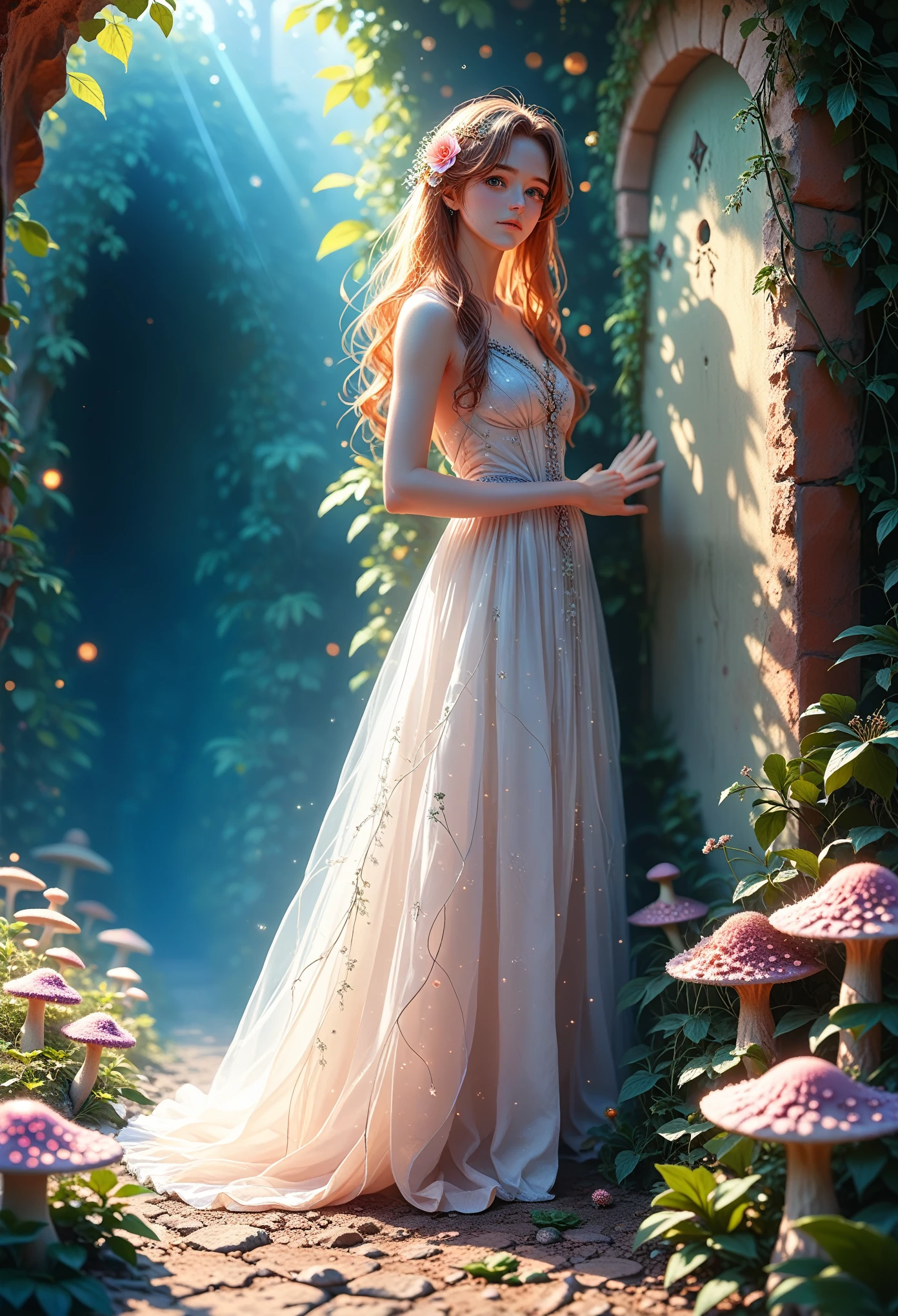 pfstyle,Anime Girl Looks at Viewer, sexy, fitting dress, sparkles, long hair, beautiful, Stands Pressed Against the Wall Near the House, Moss and mushrooms grow nearby, small flower beds, Vines around the house, masterpiece, clear detail, Full Picture Captivating Attention,cinematic film still,score_9,score_8_up,score_7_up,dramatic lighting,highly detailed,high budget,bokeh,cinemascope,moody,epic,gorgeous,film grain,grainy,masterpiece,best quality,perfect anatomy,very aesthetic,official art,8k,