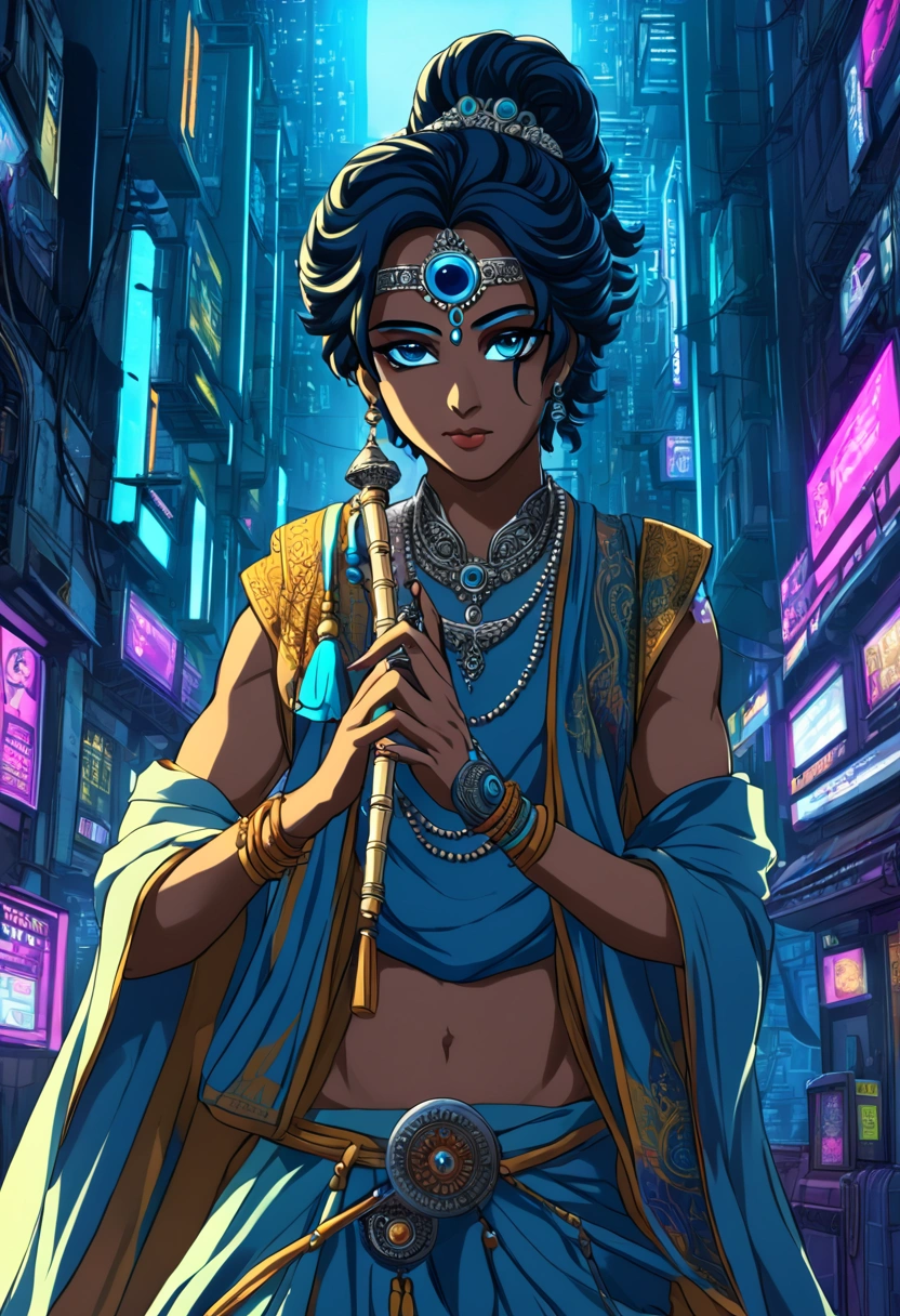 Lord shree krishna flute playung and as an anime character in cyberpunk style 