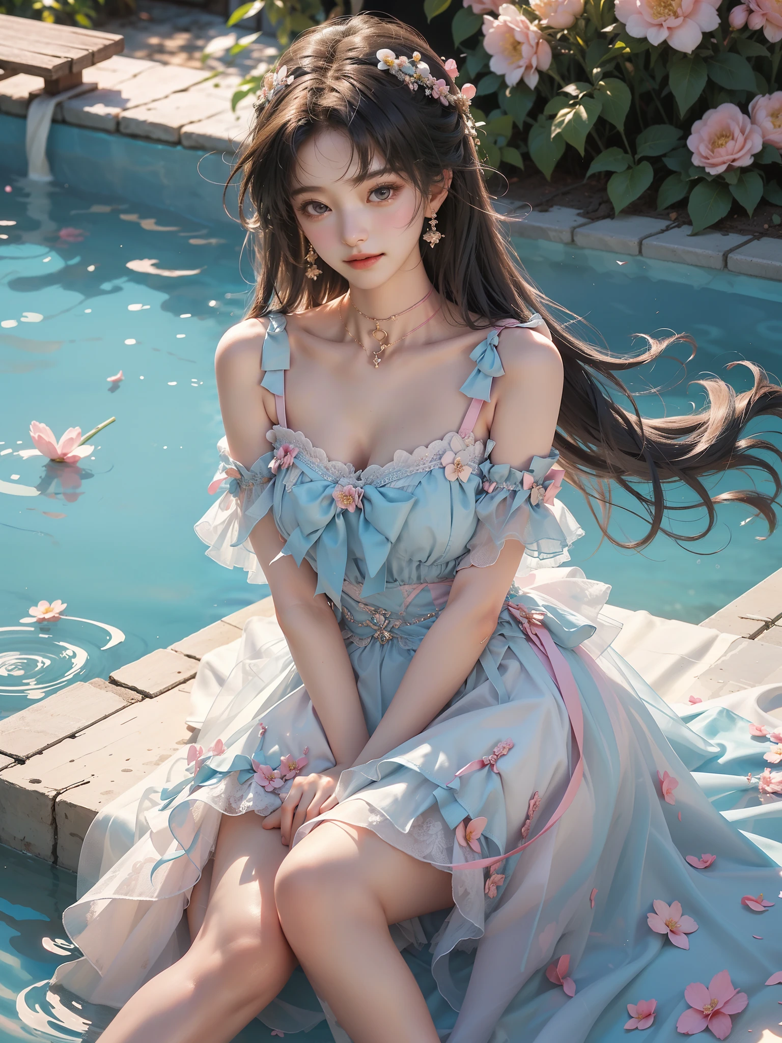 （(Girl lying in the swimming pool))、She gently lifted her skirt with one hand，Make gentle and playful gestures，((Lots of flowers瓣)), Lots of flowers，Many petals scattered，Cherry tree，Petals are flying all over the sky，Beautiful and charming woman, Elegantly, Her full breasts revealed.，Visible cleavage，The skirt is short，Natural legs，Sexy long legs，Correct and natural legs，Smooth skin，Slim and cute beauty, Eyes sparkling，Her skin is flawless。Her curves are highlighted。Shine in the light，The color is pastel，She lay confidently，One hand on hip，Her posture is both graceful and strong..。She wore elegant high heels，It matches her dress very well.。In the warm golden sun。The overall atmosphere of the picture is peaceful and uplifting，Emphasis on natural beauty and elegance, Studio Lighting,Vibrant colors, Cute girl, sweet smile, cosmetic，Shy，blush，open mouth，Heavy breathing，moan，超realism，realism，Movie Lighting，Comfort，Sony FE GM，Retina，masterpiece，precise，Anatomically correct，Textured Skin，Super Detail，High Detail，best quality，rich and colorful