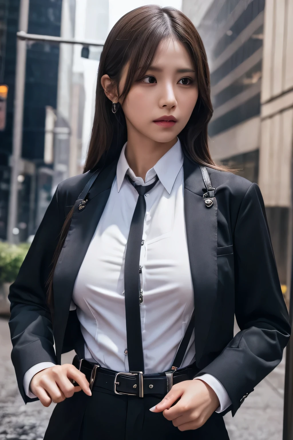 a woman in a suit, belt, hands behind back, sweating, suspenders, black pants, sexly, large breasts, see-through clothing, rain, detective, office worker, white button-up shirt, (best quality,4K,8k,highres,masterpiece:1.2),ultra-detailed,(realistic,photorealistic,photo-realistic:1.37),hyper-detailed,highly detailed face and body, Slender　thin　suspenders　Moderate breasts　See-through shirt　Nipples　holster　chain　Pistol　Armament　criminal　Female criminal　knife