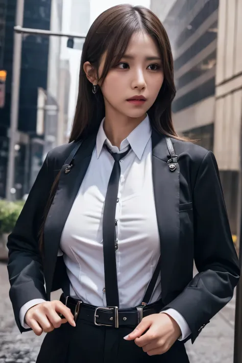 a woman in a suit, belt, hands behind back, sweating, suspenders, black pants, sexly, large breasts, see-through clothing, rain,...