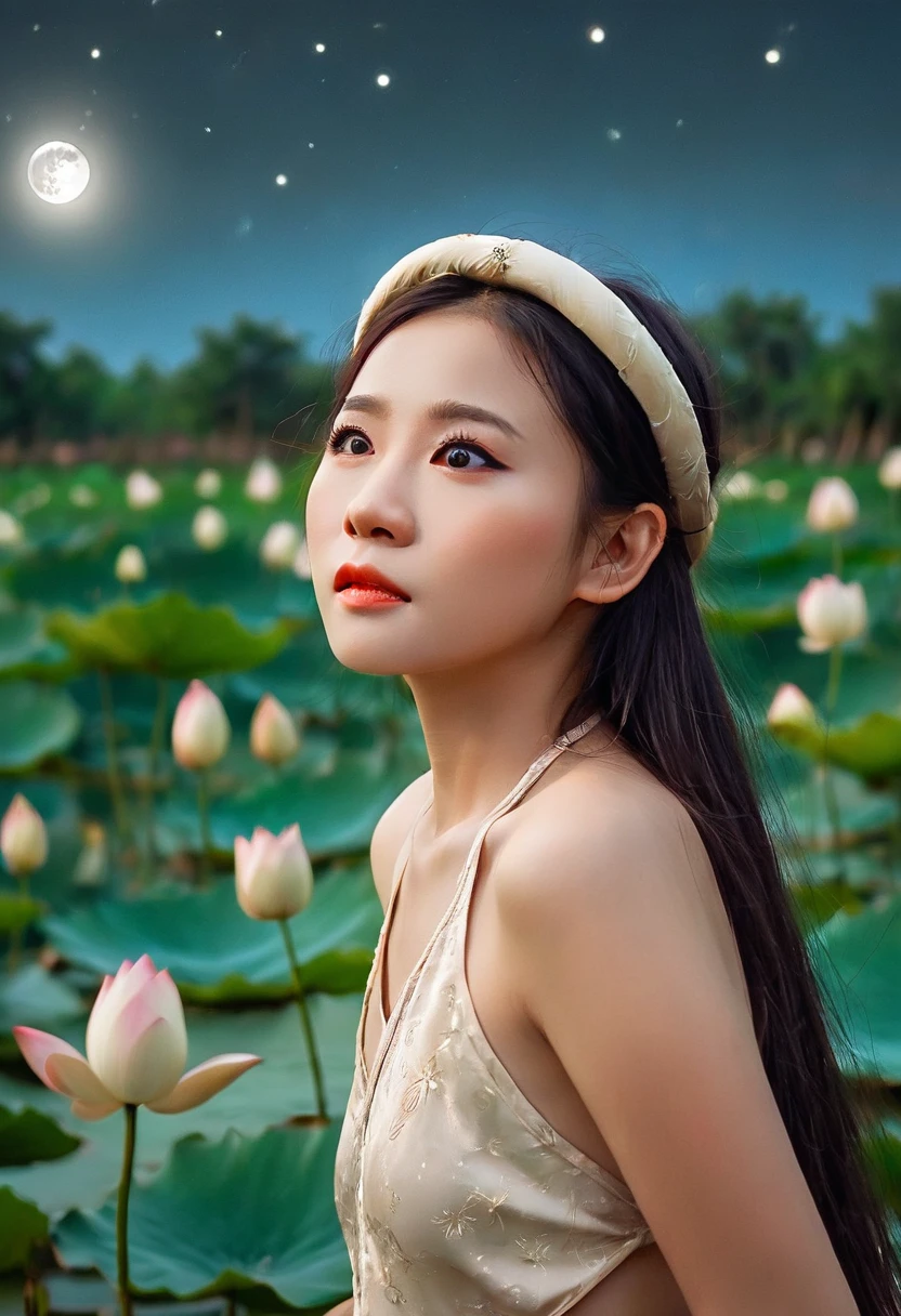 ((night sky: 1.2)), fashion fairytale shot, far far away high camera angle of beautiful Vietnamese girl inVietnamese girl wear aoyem, mung headband, gorgeous, sophisticated design, bold fashion, impressive figure, stand on the dugout canoe, next to lotus pond scene, village, realistic details, extremely detailed, 8K, super realistic, dynamic pose, cinematic night lighting, low vivid, cinematic color tone, super detailed skin, wind blown, falling petals, ((night moon light lighting: 1.5)), ((night sky: 2.0))
