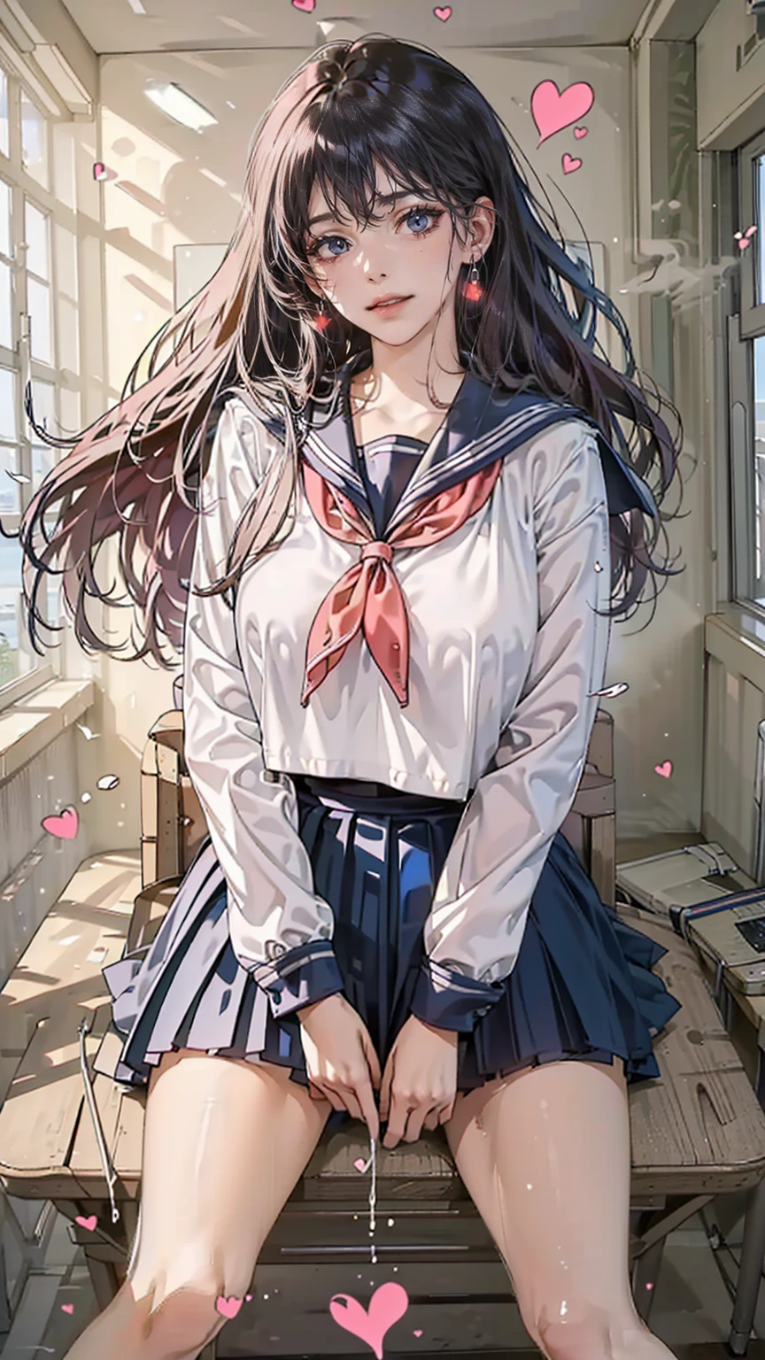 ,High school、School classroom,Description of the classroom,机の上にSitting、Sit at a desk(whole body, legs and 靴 visible: 1.2),masterpiece, Highest quality, Ultra-high resolution,Sailor suitを着用、long hair、Black Hair、Very beautiful、Very large breasts、Big Breasts、Very sexy、Sexy pose、whole body図、Mouth open、Shocking pink lipstick、,(Ideal body proportions:1.5),(Very beautifully detailed large eyes:1.5), (Embarrassing,blush:1.7),Beautiful detailed hair , Beautifully detailed face, Perfect feminine face, , (Dressed,Sailor suit:1.6),(Under the chest:1.7), (beautiful saggy breasts,Beautiful huge breasts:1.4), (Big cleavage:-0.0),(Open your mouth:1.6),art,(Sexy pose:1.5),(I want you,Gentle Love:1.6),,(Sitting,Spread your legs:1.6),(heavy breatheing,breathe,fog:1.7),光沢のあるSailor suit､The whole body is covered in oil and has a glossy look.,
