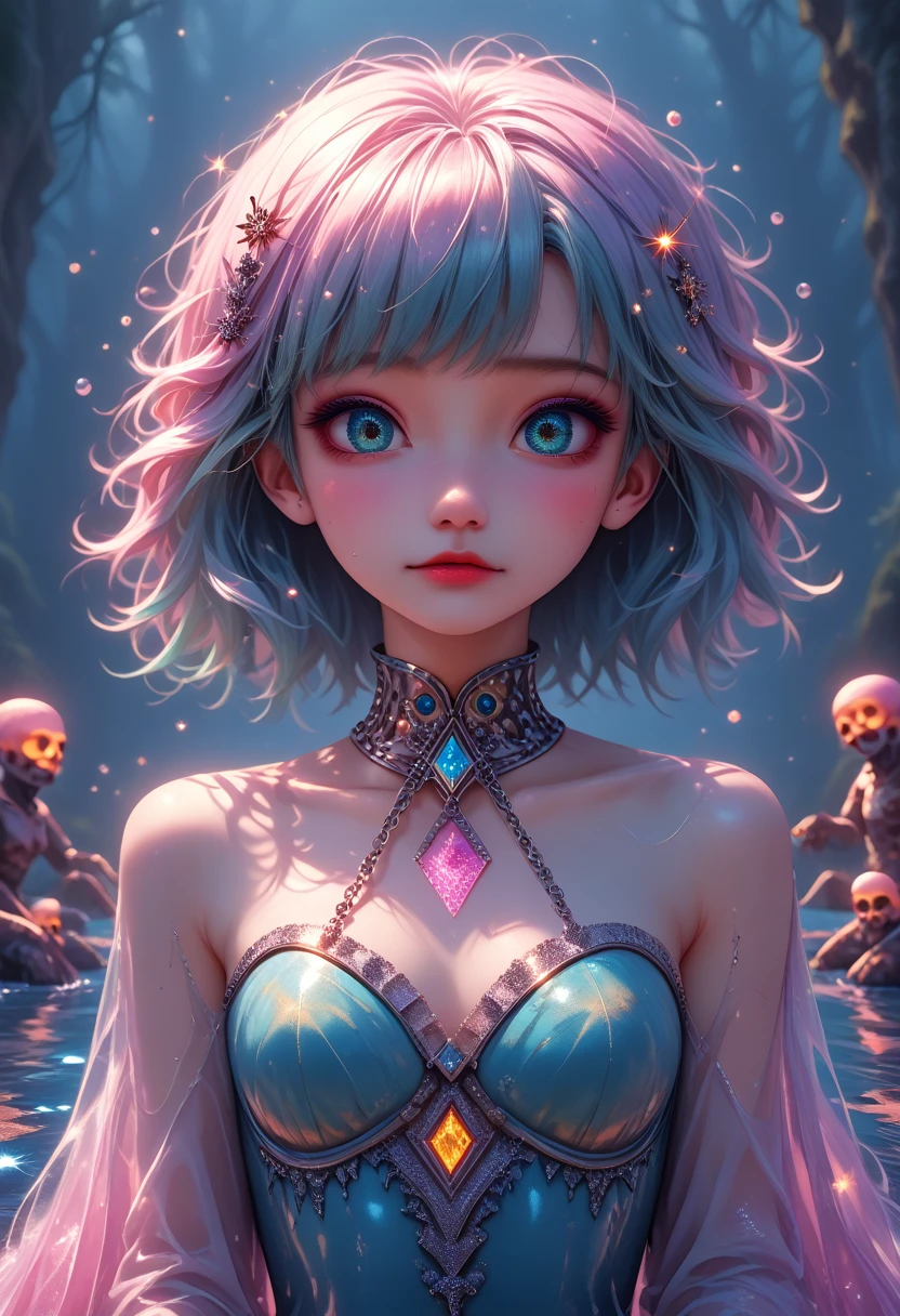 Young woman, anime, gorgeous, sparkles, Sexy on the Frozen Lake,HD wallpaper, luminous arcs and metal light chains on the frozen surface of the lake, cinematic poster style overhead photography and high definition, Game of Thrones style, unpleasant, Horror, A terrifying look, uhd, permission 8k, balanced, High Dynamic Range Color, strong moment