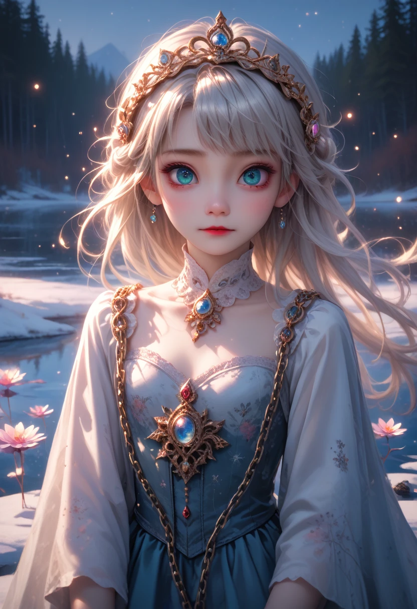 Young woman, anime, gorgeous, sparkles, Sexy on the Frozen Lake,HD wallpaper, luminous arcs and metal light chains on the frozen surface of the lake, cinematic poster style overhead photography and high definition, Game of Thrones style, unpleasant, Horror, A terrifying look, uhd, permission 8k, balanced, High Dynamic Range Color, strong moment, The Full Picture of What&#39;s Happening, masterpiece, Максимум Деталей sparkles, beauty eyes,