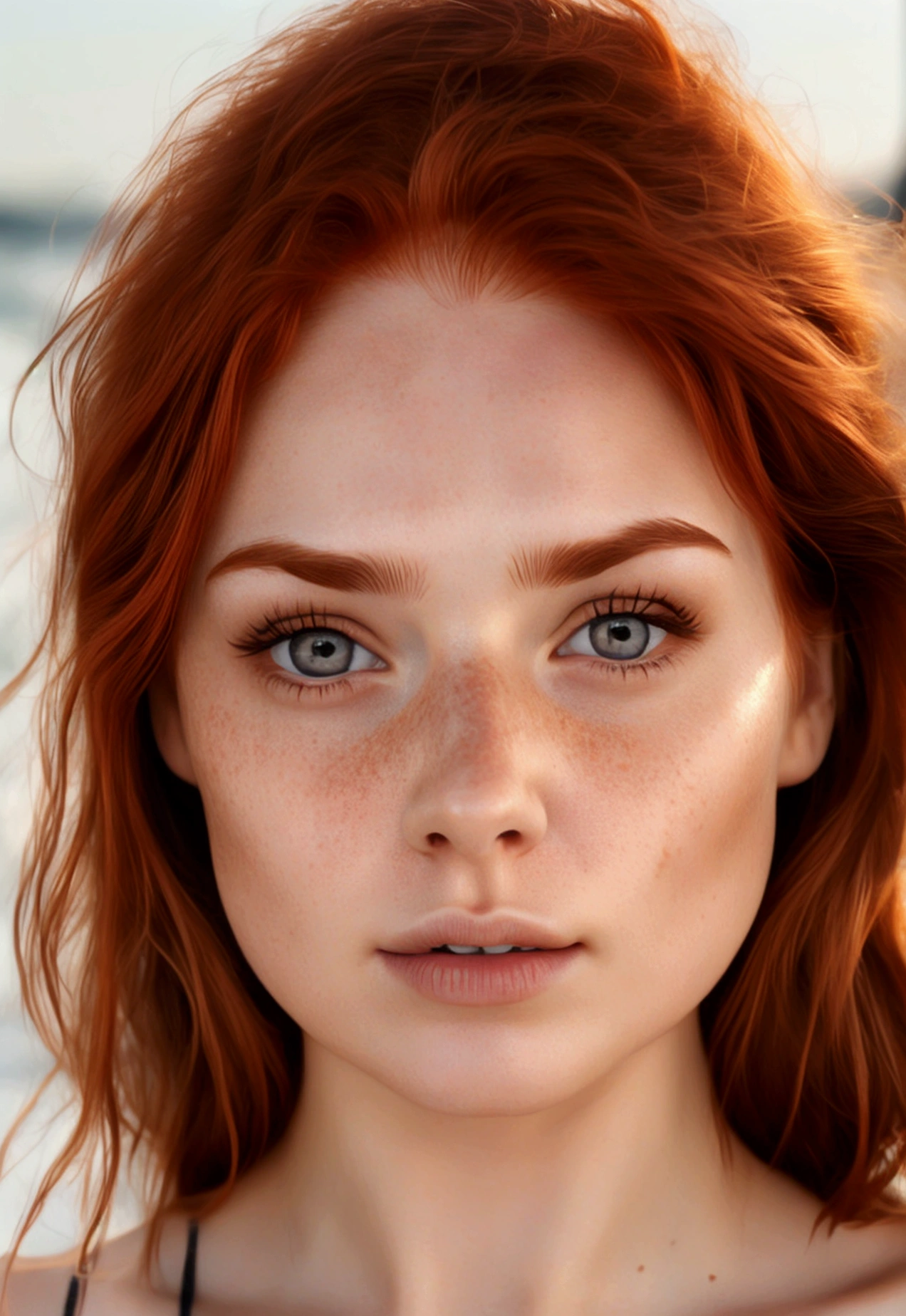 Young redhead woman with faint freckles around her nose, very light and natural brown eyes, natural eyebrows with few marks, thick unoperated lips, natural but marked cheekbones, Best Quality, extremely realistic