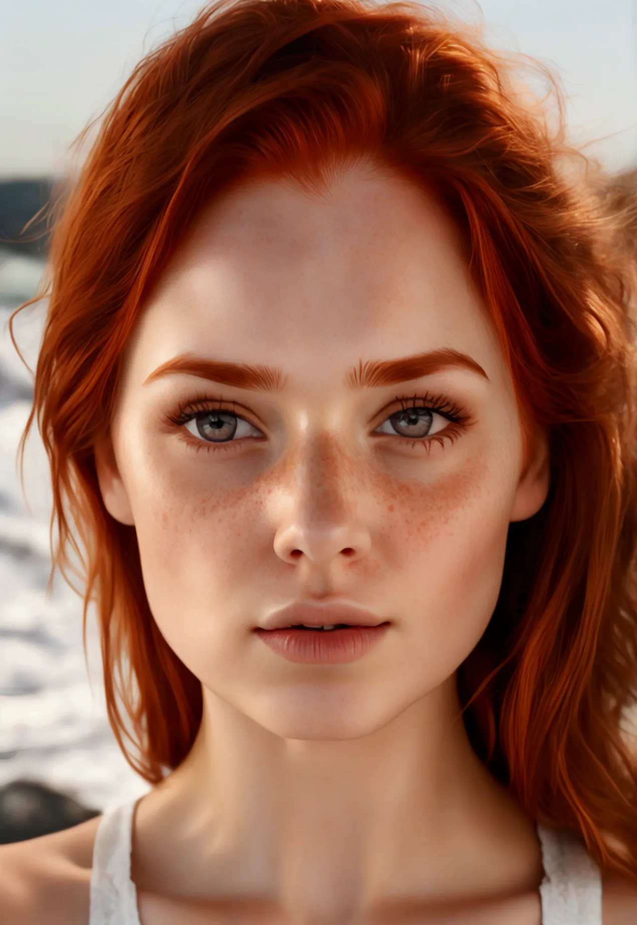 young redhead woman with faint freckles around her nose, very light and natural brown eyes, natural eyebrows with few marks, thi...