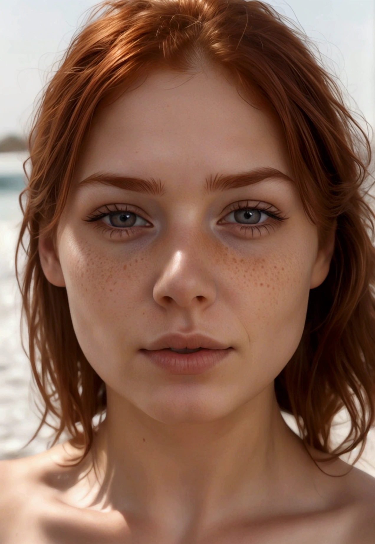 Young redhead woman with faint freckles around her nose, very light and natural brown eyes, natural eyebrows with few marks, thick unoperated lips, natural but marked cheekbones, Best Quality, extremely realistic