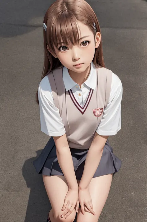 masterpiece, best quality, highres, 1girl hairclip, tokiwadai school uniform photorealistic, sitting