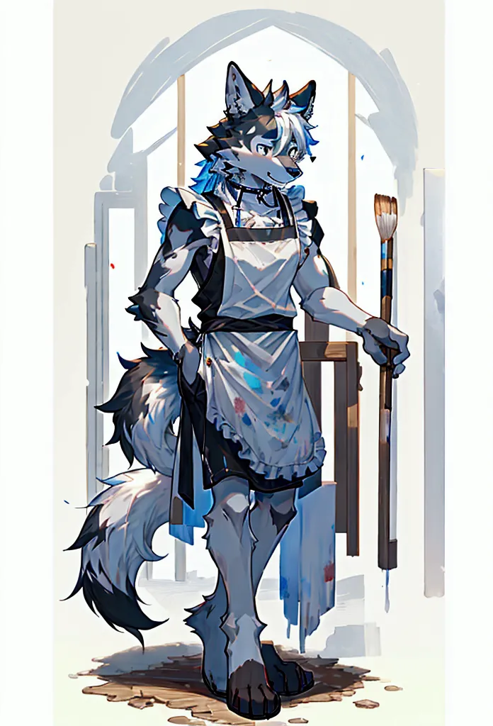 black fur with white patterns　wolf　a painter&#39;s apron stained with paint of various colors　expressionless　have a paintbrush　y...