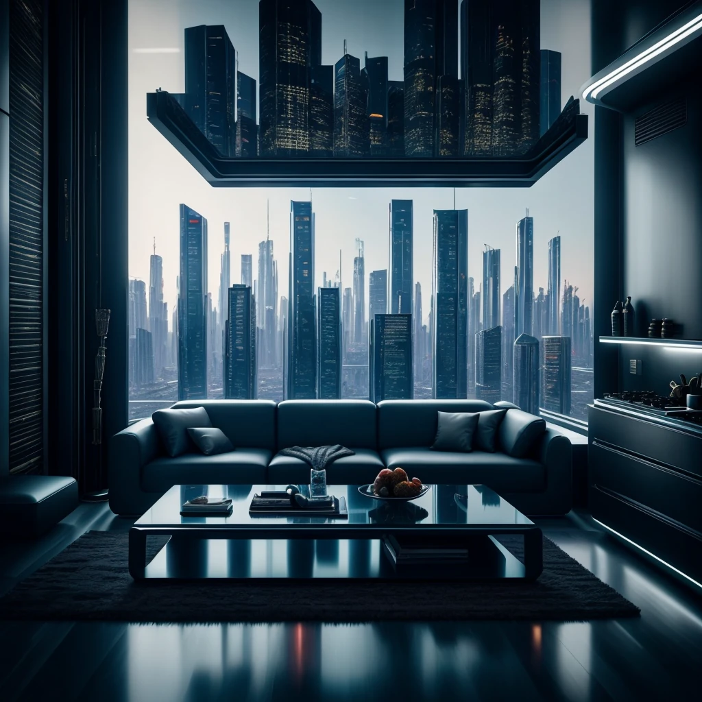 A realistic cyberpunk photo of an open kitchen into a living room, dining room of an apartment on the top floor of a skyscraper in a futuristic city. A man is finishing cooking, une legere fumee de cuison est aspirer par la hotte de cuisine integre a la plaque de cuisson. Very refined furniture, un femme est en train de parler avec un telephone transparent ultra duturiste dans la main. Elle est assise dans un canape hyper design, sur le table basse un ordinateur. From the brand :apple, ultra futuristic, is placed on the coffee table, professional files are available. cyberpunk vibe, ultra detail, ultra realistic, hyper cinematic, texture intense, contrast intense, 8k
