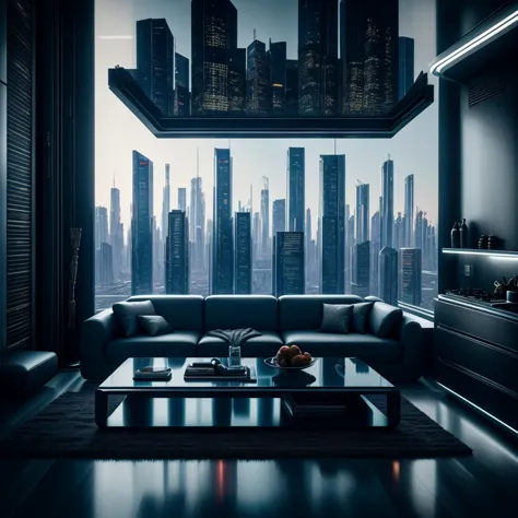 a realistic cyberpunk photo of an open kitchen into a living room, dining room of an apartment on the top floor of a skyscraper ...