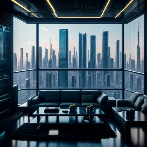 a realistic cyberpunk photo of an open kitchen into a living room, dining room of an apartment on the top floor of a skyscraper ...