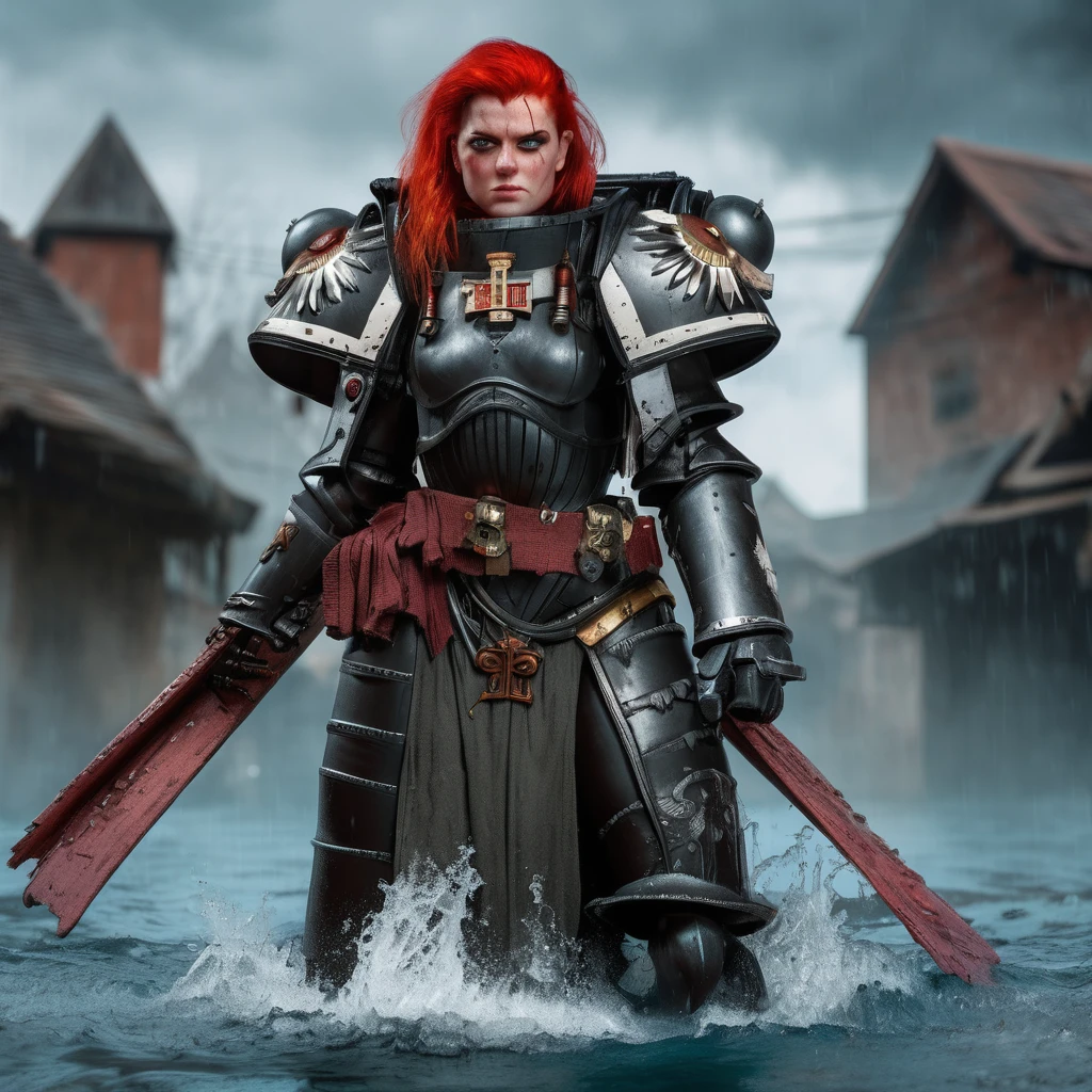 hyperrealistic photo of a girl with a beautiful face and red hair standing in a waterlogged village looking intensely at the viewer, she is wearing heavy armor, warhammer 40k, adepta sororitas, award winning photography, highly detailed, ultra detailed,