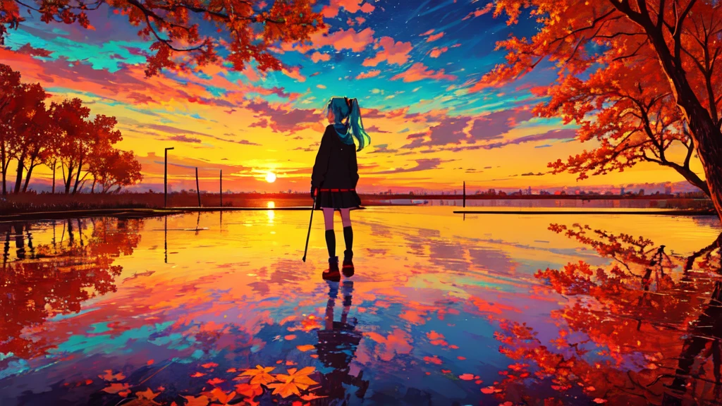 (masterpiece, Highest quality:1.3), (Flat Color:1.3),(colorful:1.3),View your viewers,One person,alone,floating colorful water,(2D:1.3), Hatsune Miku, Autumn sunset