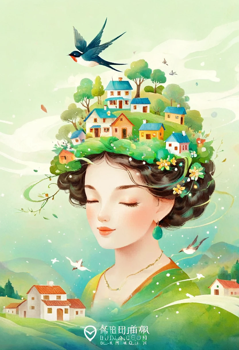 Digital illustration art, a comical illustration of a  adorned with many houses, trees, roots, a little swallow, etc. on her head. Her hair is composed of many houses and trees, and the background is green trees and hills (the background blends with the little girl's hair). Surrounded on both sides, it evokes the charm of a charming rural landscape. White background, the whimpering sound of Chinese calligraphy, vivid Ferdinand du Puigaudeau, Victor nizovtsev, retro tones, sparkling, reflective, best number, 8K, high-definition, high-resolution, dual exposure, beautiful digital illustrations,