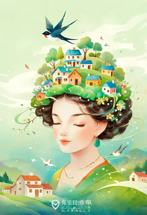 digital illustration art, a comical illustration of a  adorned with many houses, trees, roots, a little swallow, etc. on her hea...