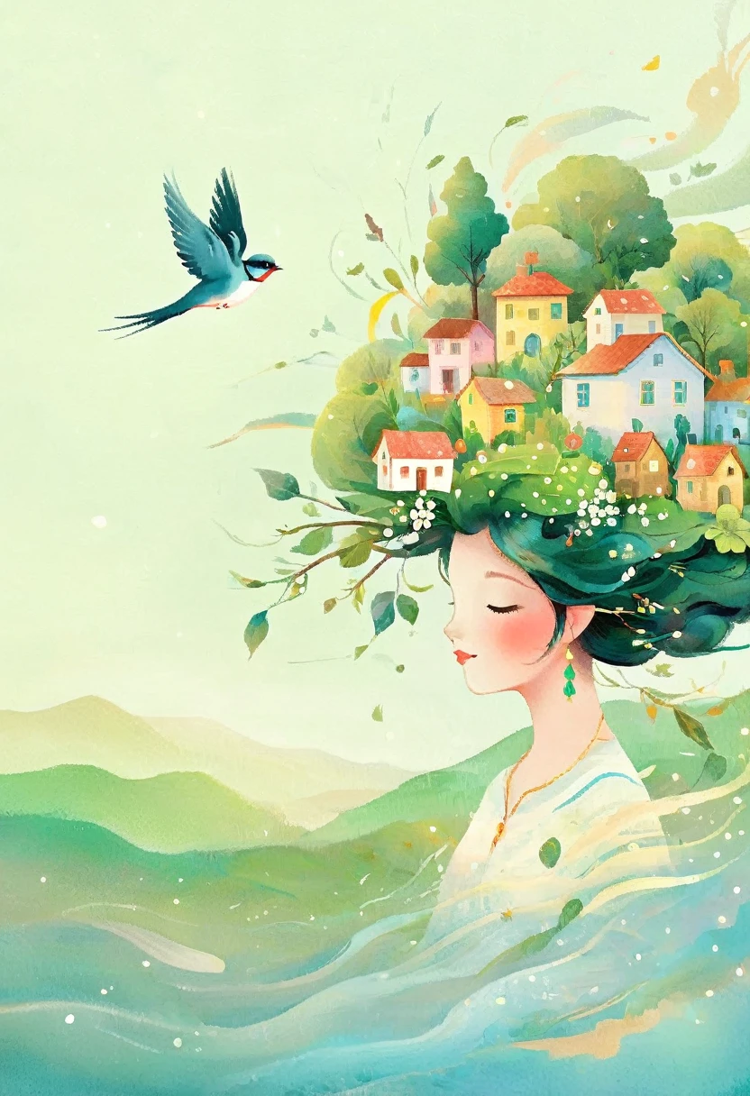 Digital illustration art, a comical illustration of a  adorned with many houses, trees, roots, a little swallow, etc. on her head. Her hair is composed of many houses and trees, and the background is green trees and hills (the background blends with the little girl's hair). Surrounded on both sides, it evokes the charm of a charming rural landscape. White background, the whimpering sound of Chinese calligraphy, vivid Ferdinand du Puigaudeau, Victor nizovtsev, retro tones, sparkling, reflective, best number, 8K, high-definition, high-resolution, dual exposure, beautiful digital illustrations,