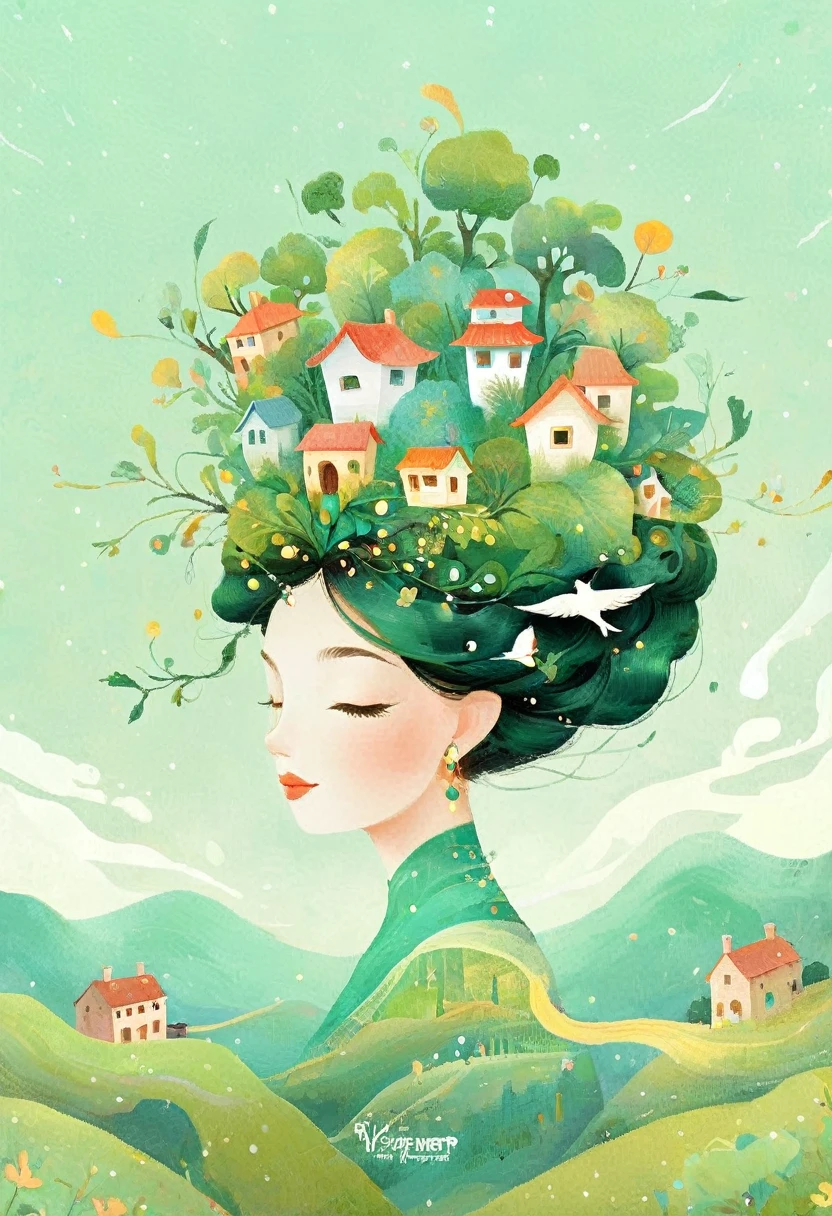 Digital illustration art, a comical illustration of a  adorned with many houses, trees, roots, a little swallow, etc. on her head. Her hair is composed of many houses and trees, and the background is green trees and hills (the background blends with the little girl's hair). Surrounded on both sides, it evokes the charm of a charming rural landscape. White background, the whimpering sound of Chinese calligraphy, vivid Ferdinand du Puigaudeau, Victor nizovtsev, retro tones, sparkling, reflective, best number, 8K, high-definition, high-resolution, dual exposure, beautiful digital illustrations,