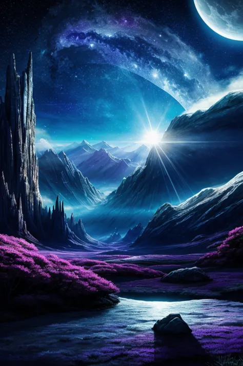 beautiful moonlight, fantastic landscape, dazzling moonlight, unreal space-like space, fantasy, contrast, other world,digital ar...