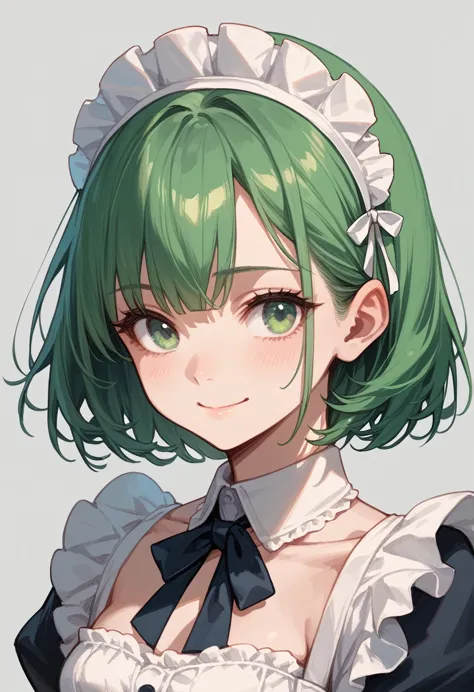 maid girl, green hair, green eyes, haircut "square", gray background, soft smile