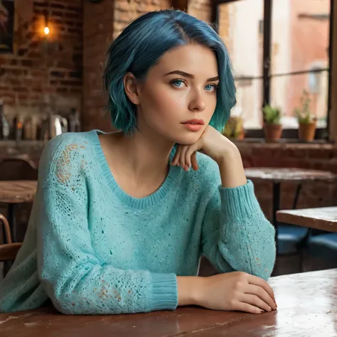 (best quality), ((artistic realization)), (ultra detailed), woman 20 years old nordic ethnicity, short blue hair with a perfect ...