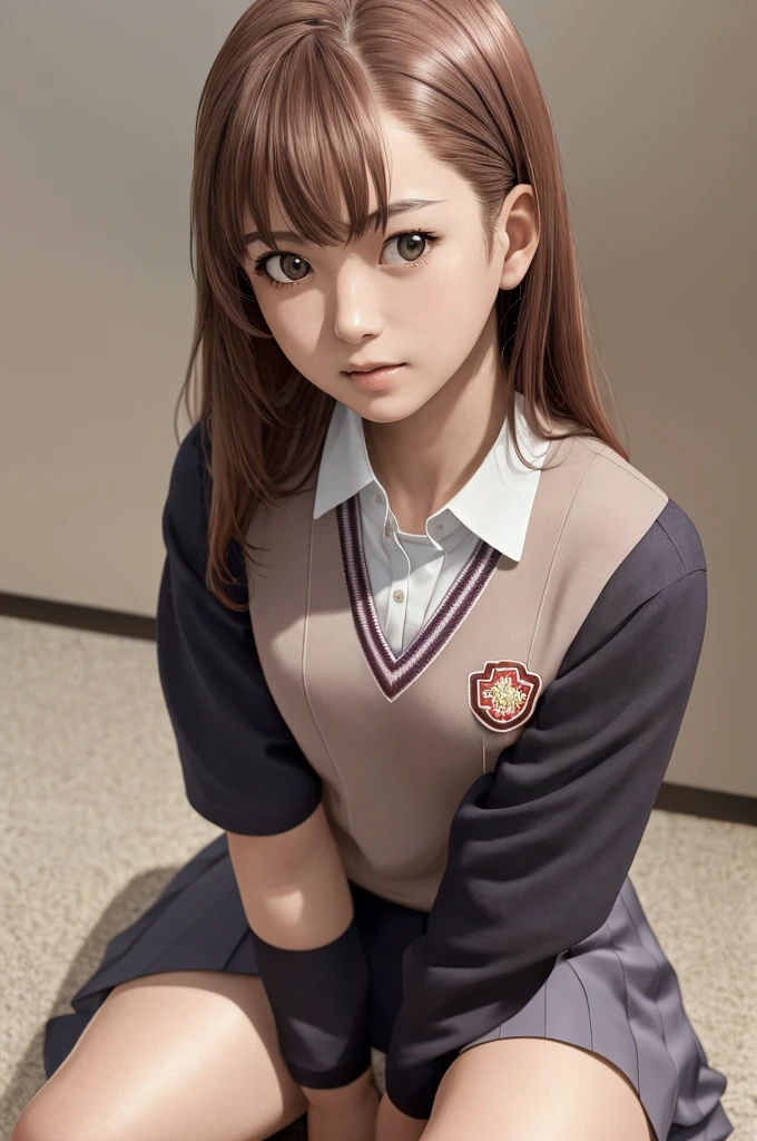 masterpiece, best quality, highres, 1girl hairclip, tokiwadai school uniform photorealistic, sitting