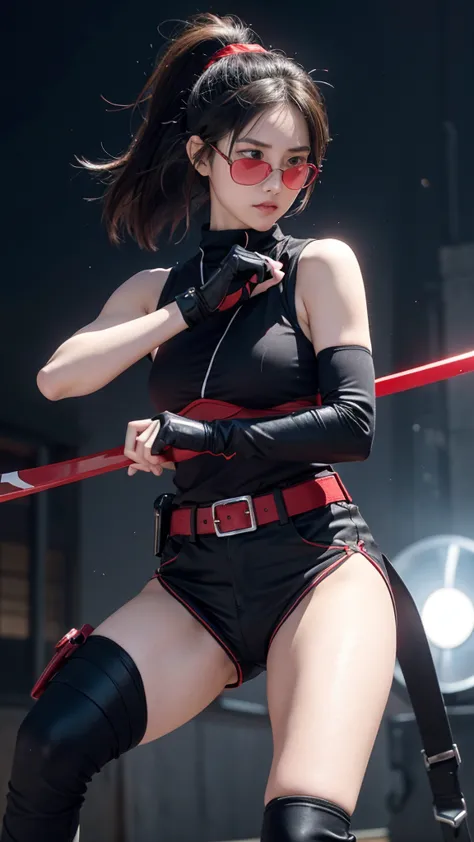 a realistic portrayal of a young female ninja, around 1, with an athletic build and a confident, determined expression. she has ...