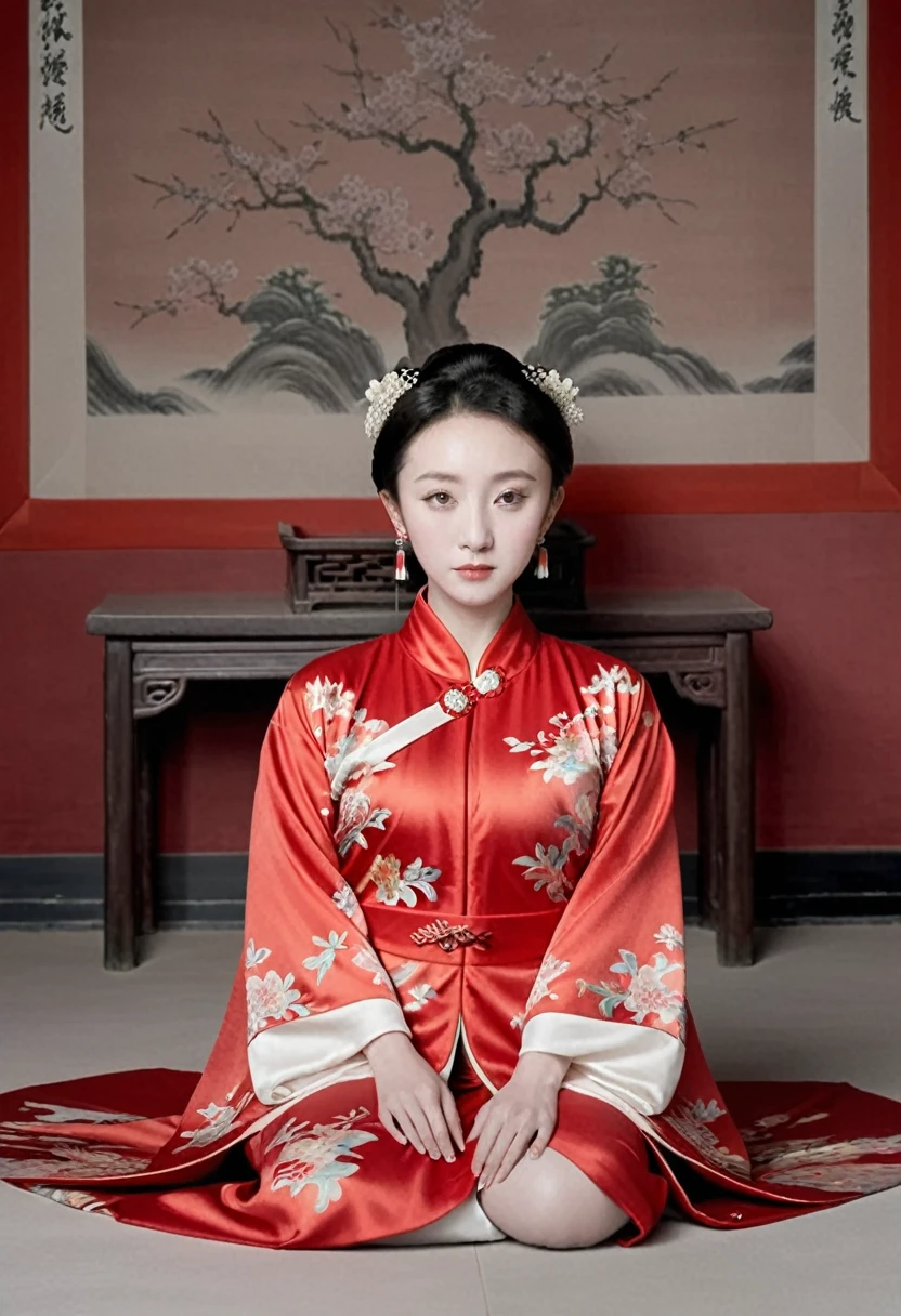 Empress of the Qing Dynasty, A nude woman wearing a red floral Hanfu jacket, Squat down with your legs wide apart, Front view, Inside the Qing Dynasty Palace