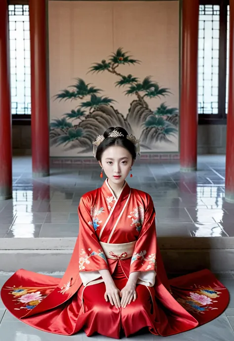 empress of the qing dynasty, a nude woman wearing a red floral hanfu jacket, squat down with your legs wide apart, front view, i...