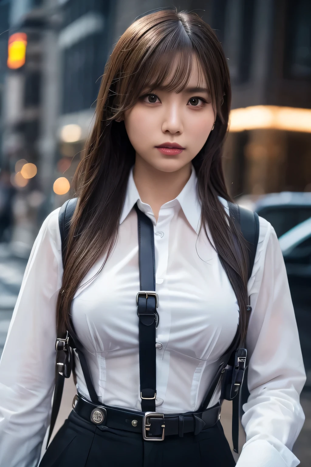 a woman in a suit, belt, hands behind back, sweating, suspenders, black pants, sexly, large breasts, see-through clothing, rain, detective, office worker, white button-up shirt, (best quality,4K,8k,highres,masterpiece:1.2),ultra-detailed,(realistic,photorealistic,photo-realistic:1.37),hyper-detailed,highly detailed face and body, Slender　thin　suspenders　Moderate breasts　See-through shirt　Nipples　holster　chain　Pistol　Armament　criminal　Female criminal　knife