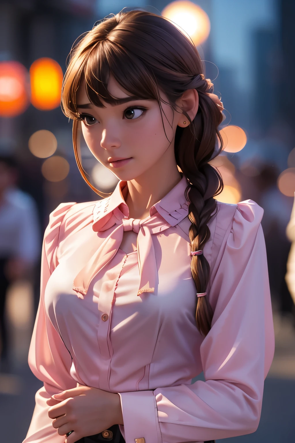 best quality, photorealistic, 1girl, woman,(skindentation), medium breast, (bright), (professional lighting, bokeh), (street), people, crowds, braided bangs, (blouse:1.5), (portait:0.8), gorgeous, bloom, floating hair, (dynamic pose:0.6) , soft lighting, niña robot 