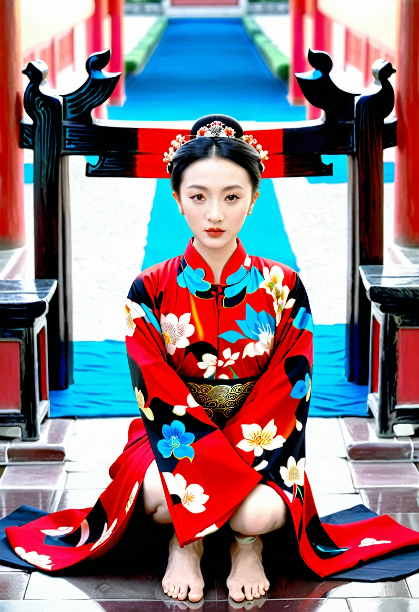 Empress of the Qing Dynasty, A nude woman wearing a red floral Hanfu jacket, Squat down with your legs wide apart, Front view, Inside the Qing Dynasty Palace