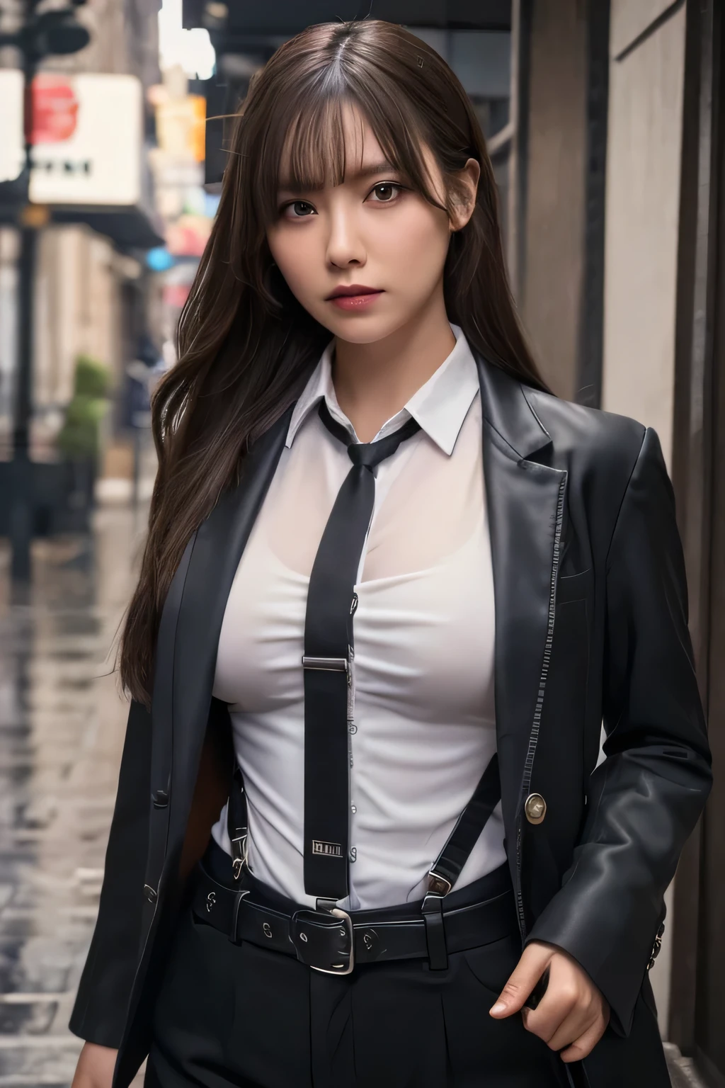 a woman in a suit, belt, hands behind back, sweating, suspenders, black pants, sexly, large breasts, see-through clothing, rain, detective, office worker, white button-up shirt, (best quality,4K,8k,highres,masterpiece:1.2),ultra-detailed,(realistic,photorealistic,photo-realistic:1.37),hyper-detailed,highly detailed face and body, Slender　thin　suspenders　Moderate breasts　See-through shirt　Nipples　holster　chain　Pistol　Armament　criminal　Female criminal　knife