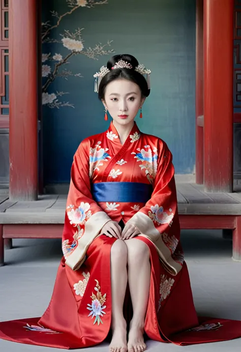 empress of the qing dynasty, a nude woman wearing a red floral hanfu jacket, squat down with your legs wide apart, front view, i...