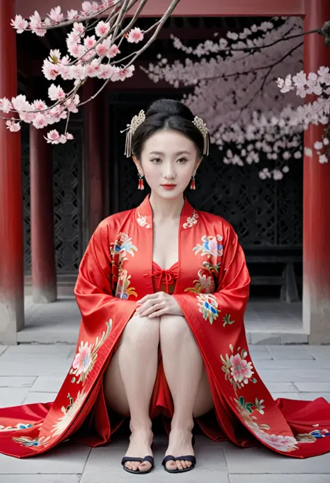 empress of the qing dynasty, a nude woman wearing a red floral hanfu jacket, squat down with your legs wide apart, front view, i...