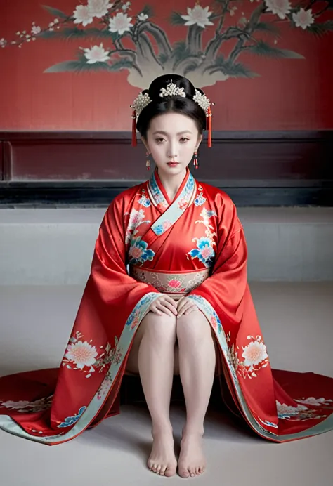 empress of the qing dynasty, a nude woman wearing a red floral hanfu jacket, squat down with your legs wide apart, front view, i...