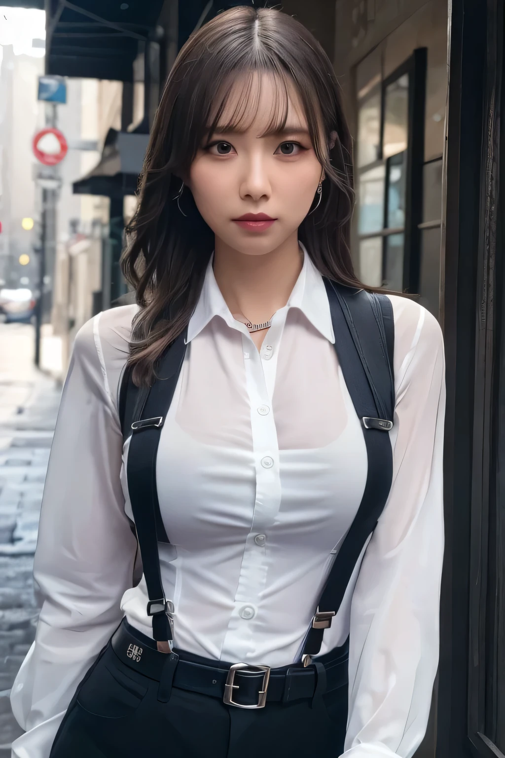 a woman in a suit, belt, hands behind back, sweating, suspenders, black pants, sexly, large breasts, see-through clothing, rain, detective, office worker, white button-up shirt, (best quality,4K,8k,highres,masterpiece:1.2),ultra-detailed,(realistic,photorealistic,photo-realistic:1.37),hyper-detailed,highly detailed face and body, Slender　thin　suspenders　Moderate breasts　See-through shirt　Nipples　holster　chain　Pistol　Armament　criminal　Female criminal　knife