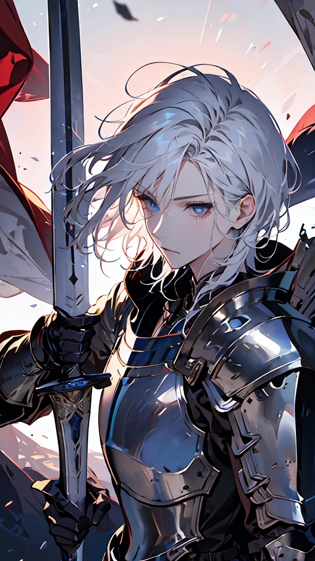 ((best quality)), ((masterpiece)), (detailed), best quality, detailed face, detailed eyes, Embroidered silver armor, knight, white-haired young man, Heroic fantasy protagonist, champion, long sword, holding a long sword