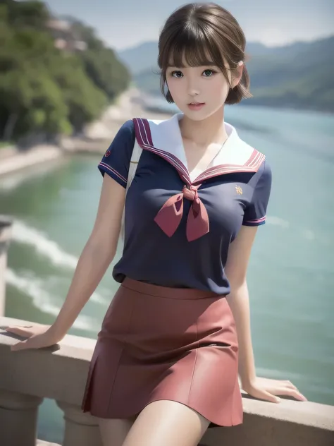 ultra-realistic images、high resolution、berry short cut、 beauty、sailor suit、skirt that rolls up、