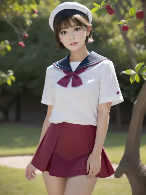 ultra-realistic images、high resolution、berry short cut、 beauty、sailor suit、the strong wind blows up my skirt and i blush.、パンティが見...